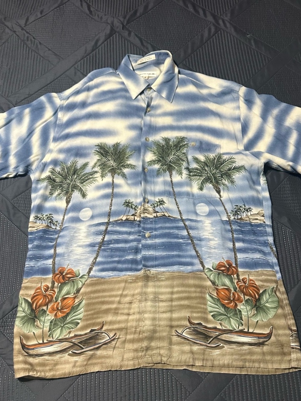 Pierre Cardin Hawaiian Shirt Men M Blue Sky Oceans Palm Tree Tropical Beach